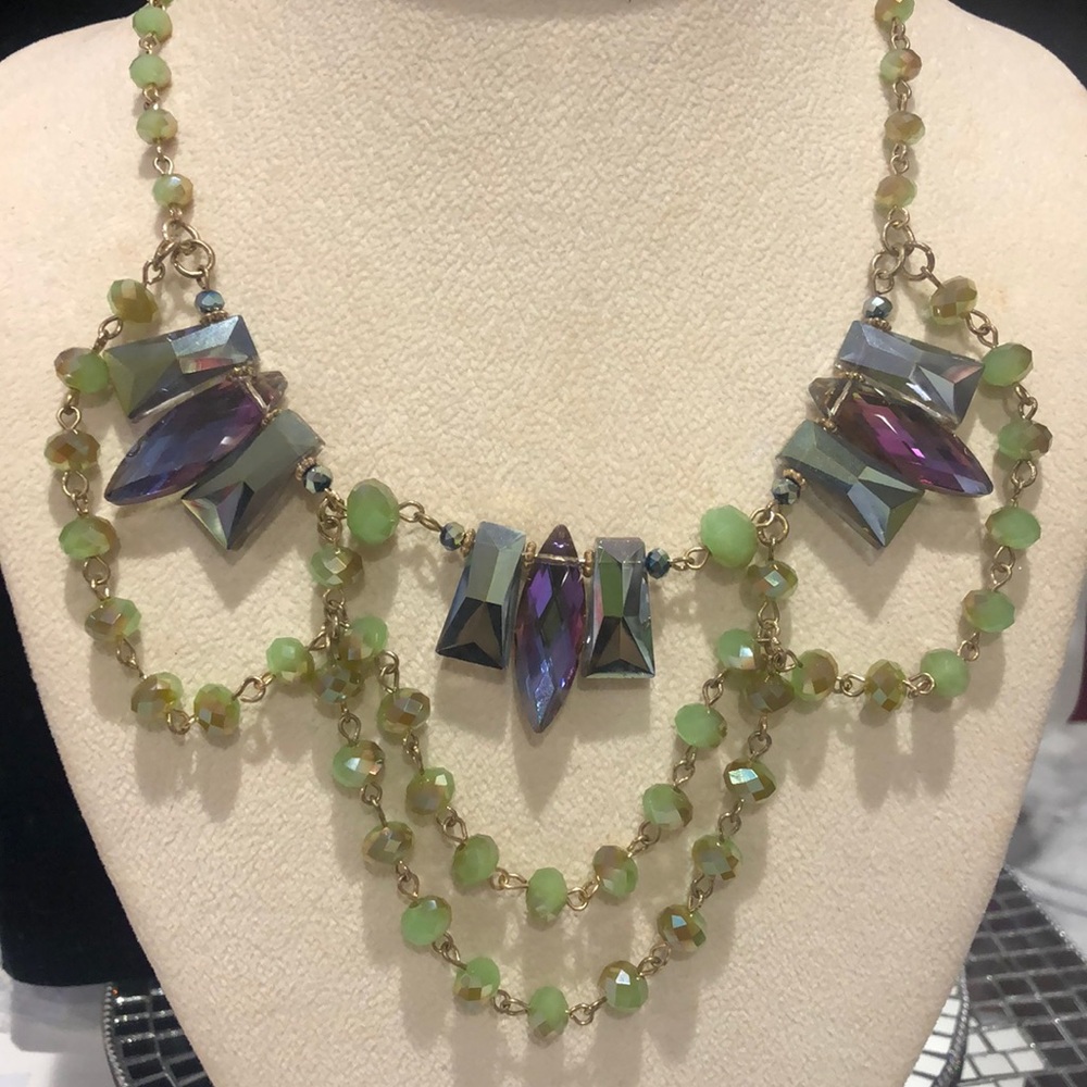 Stunning Green,Tan & Purple Crystal Statement Necklace-Boutique